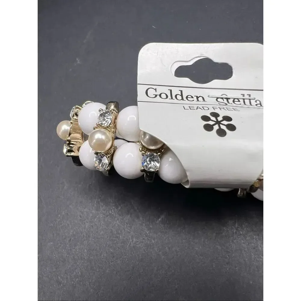 New! Golden Stella White Bead Faux Pearl Rhinestone Stretch Bracelet